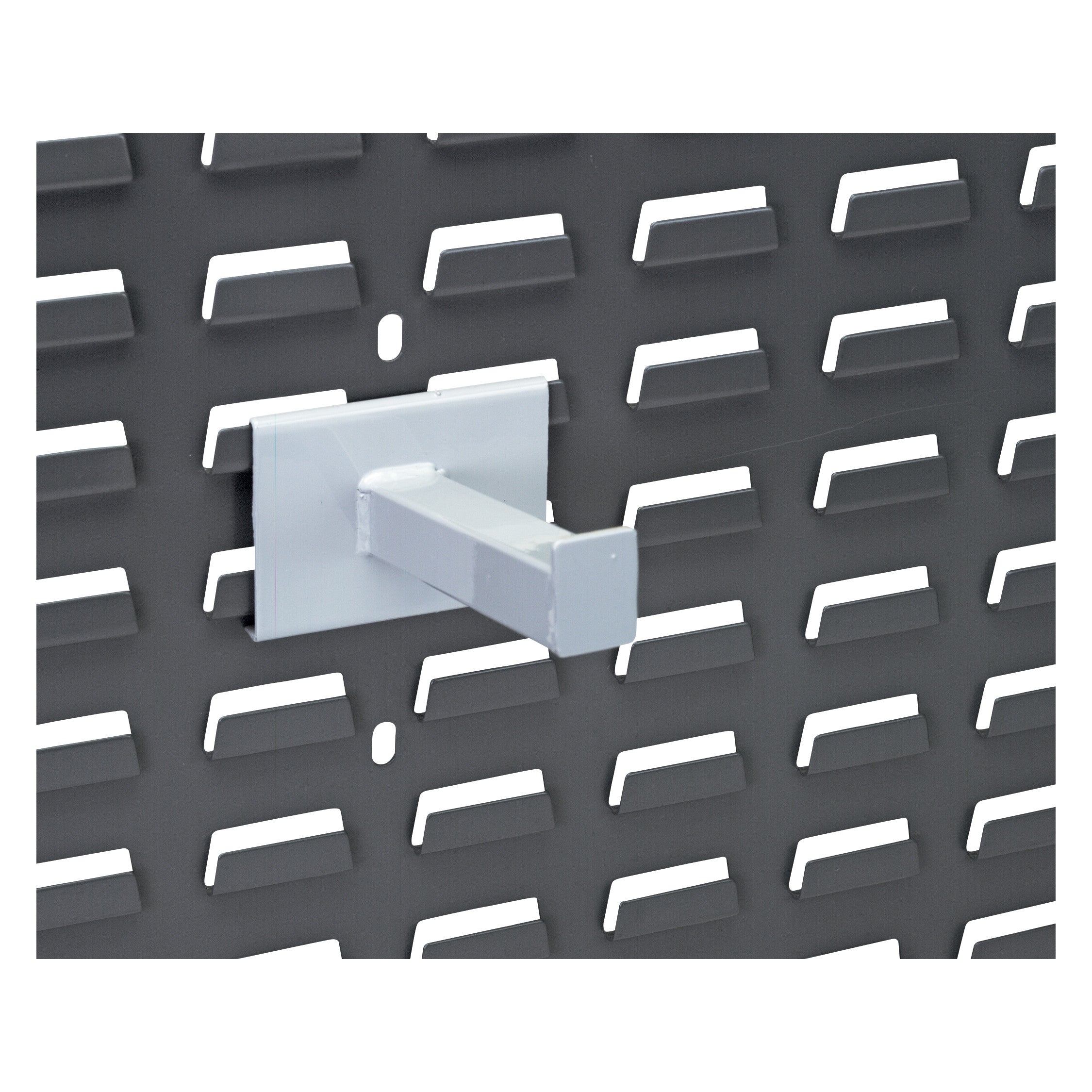 A Heavy-Duty Spike for Quantum Solid Louvered Panel is mounted on a black panel with horizontal slotted openings.