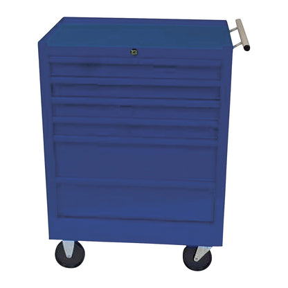 A blue AliMed 6-Drawer Economy Treatment Cart with Push Handle, featuring six drawers and mounted on four caster wheels.