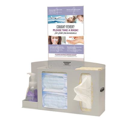 Bowman Basic Counter/Wall Hygiene Center with masks, tissues, hand sanitizer, and a sign instructing to take a mask for cough or fever.