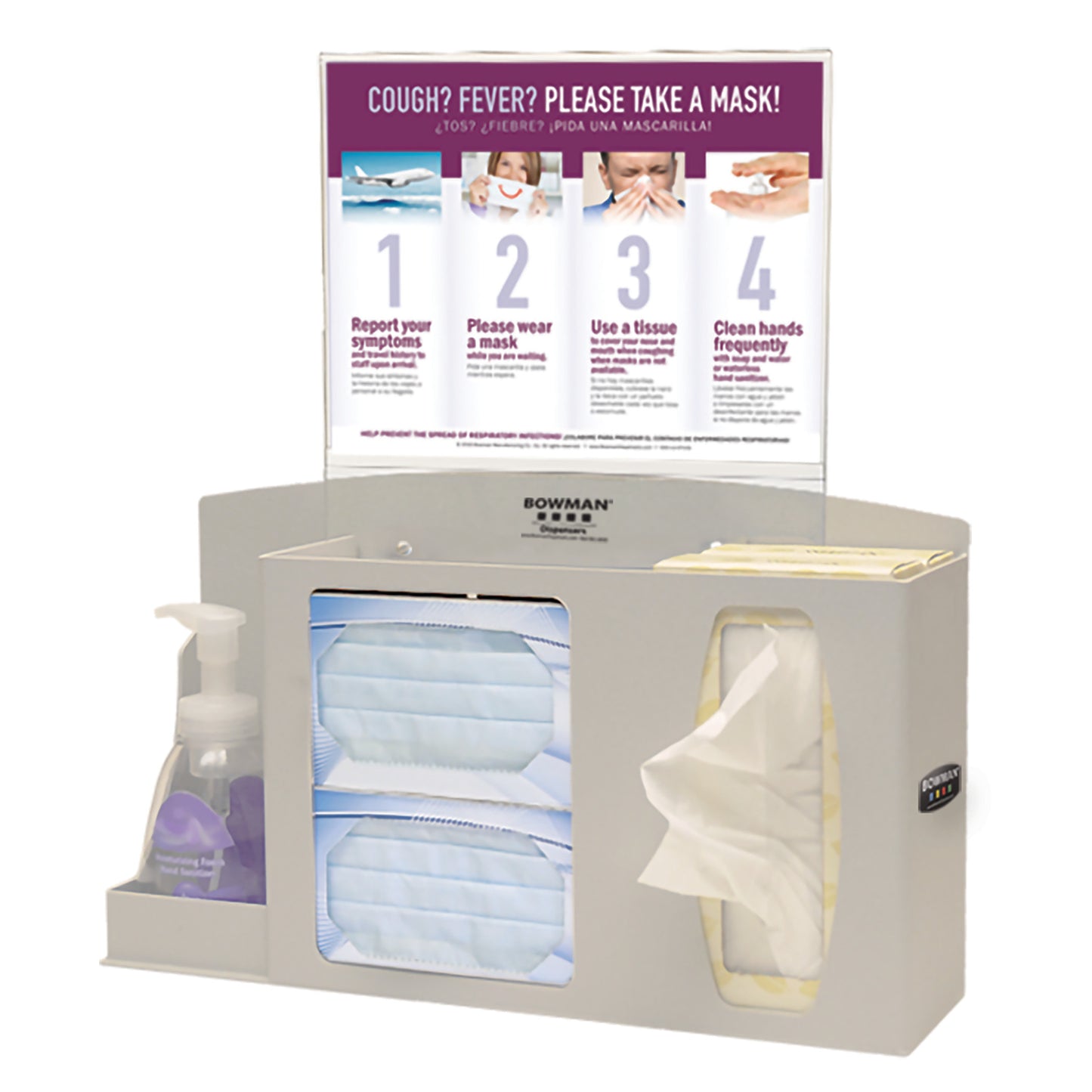 Bowman Basic Counter/Wall Hygiene Center with sanitizer, masks, tissues, and a sign urging mask use for cough or fever symptoms.