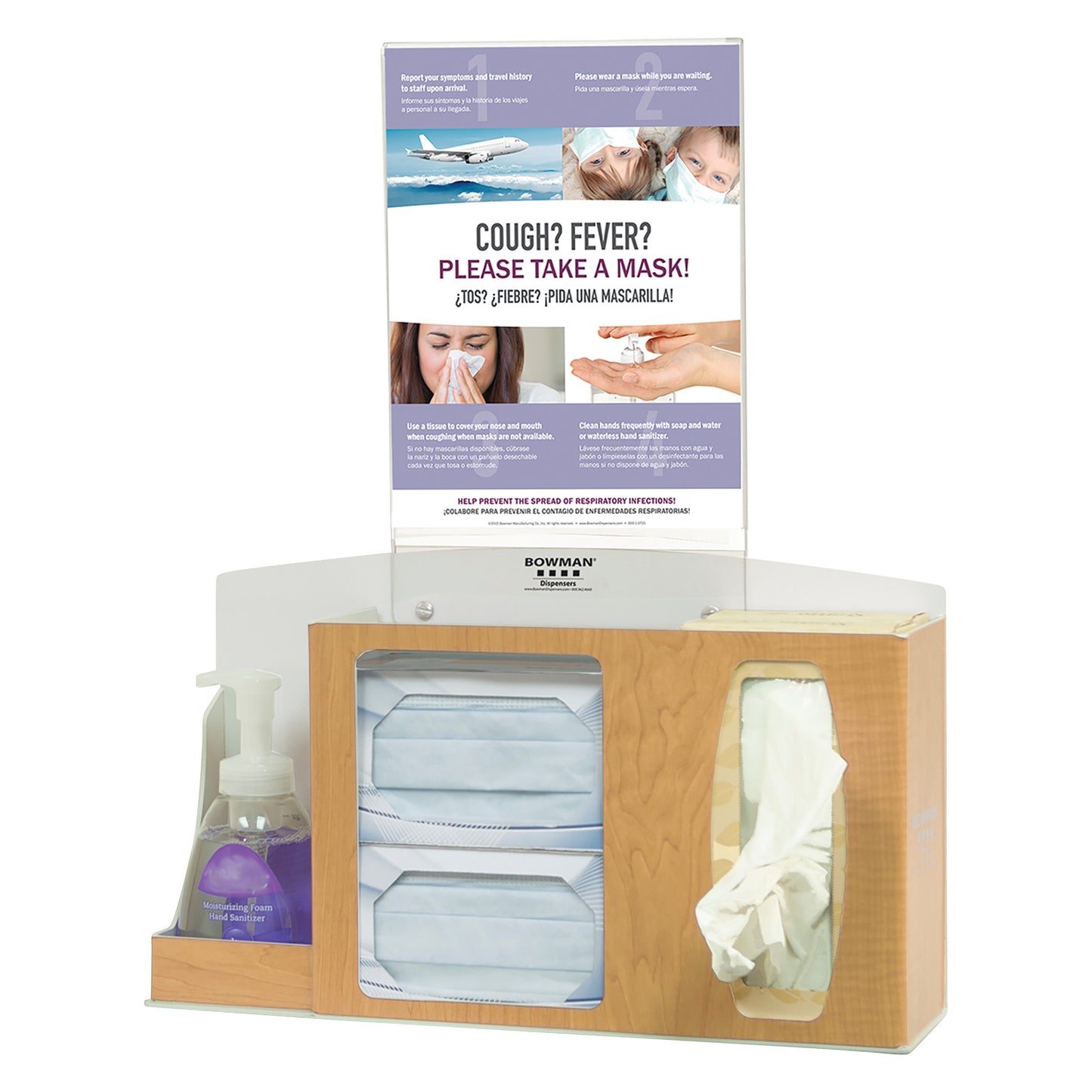 Bowman Basic Counter/Wall Hygiene Center with masks, tissues, hand sanitizer, and a sign urging mask use for cough or fever.