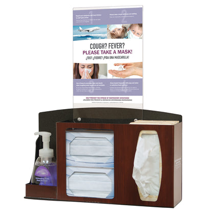 Bowman Basic Counter/Wall Hygiene Center with masks, tissues, and hand sanitizer is displayed, featuring a "Cough? Fever?" sign.