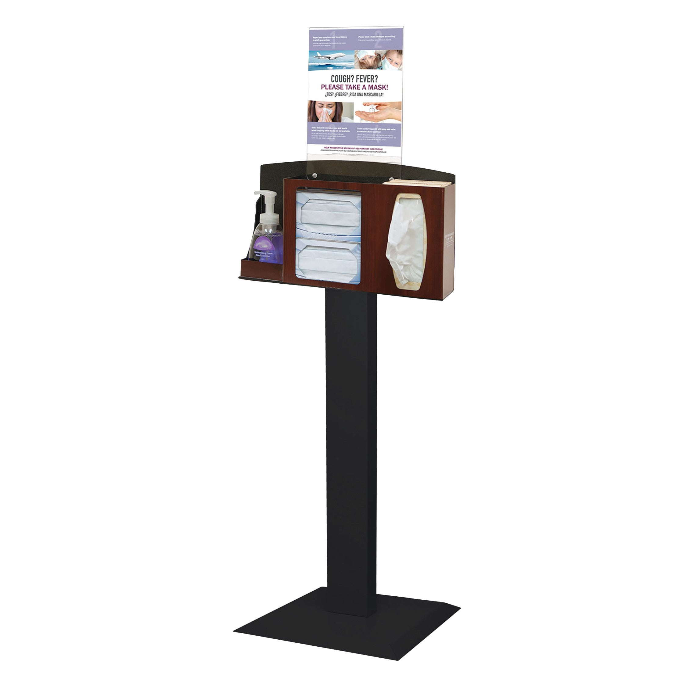 Bowman Basic Free-Standing Hygiene System featuring masks, a hand sanitizer dispenser, and a health advisory sign.