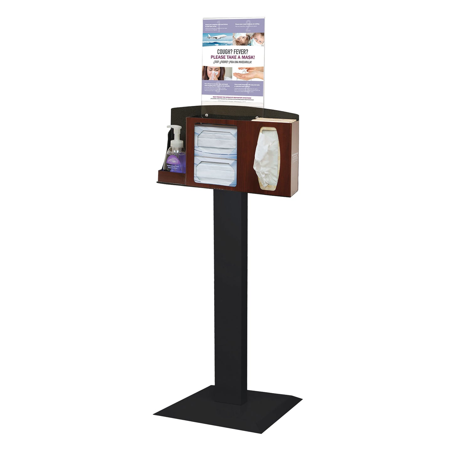 Bowman Basic Free-Standing Hygiene System featuring masks, a hand sanitizer dispenser, and a health advisory sign.