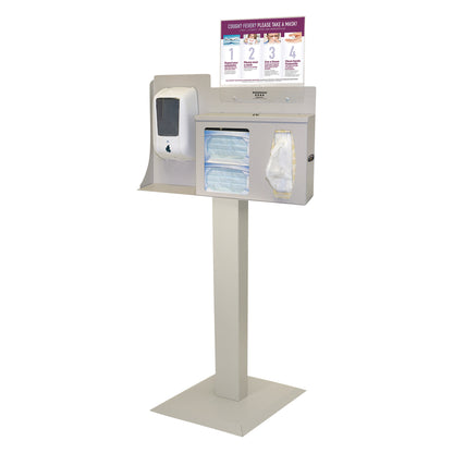 The Bowman Locking Touchless Free-Standing Hygiene System with sanitizer dispenser and compartments for masks and tissues is displayed.