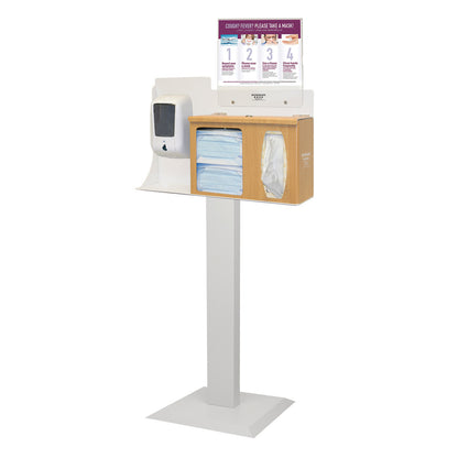 Bowman Locking Touchless Free-Standing Hygiene System with mask dispenser, hand sanitizer, and instructions on a stand.