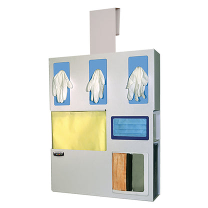 The Bowman Tri-Glove Double-Mask ABS Isolation Station holds gloves, yellow gowns, and blue and orange masks for medical use.