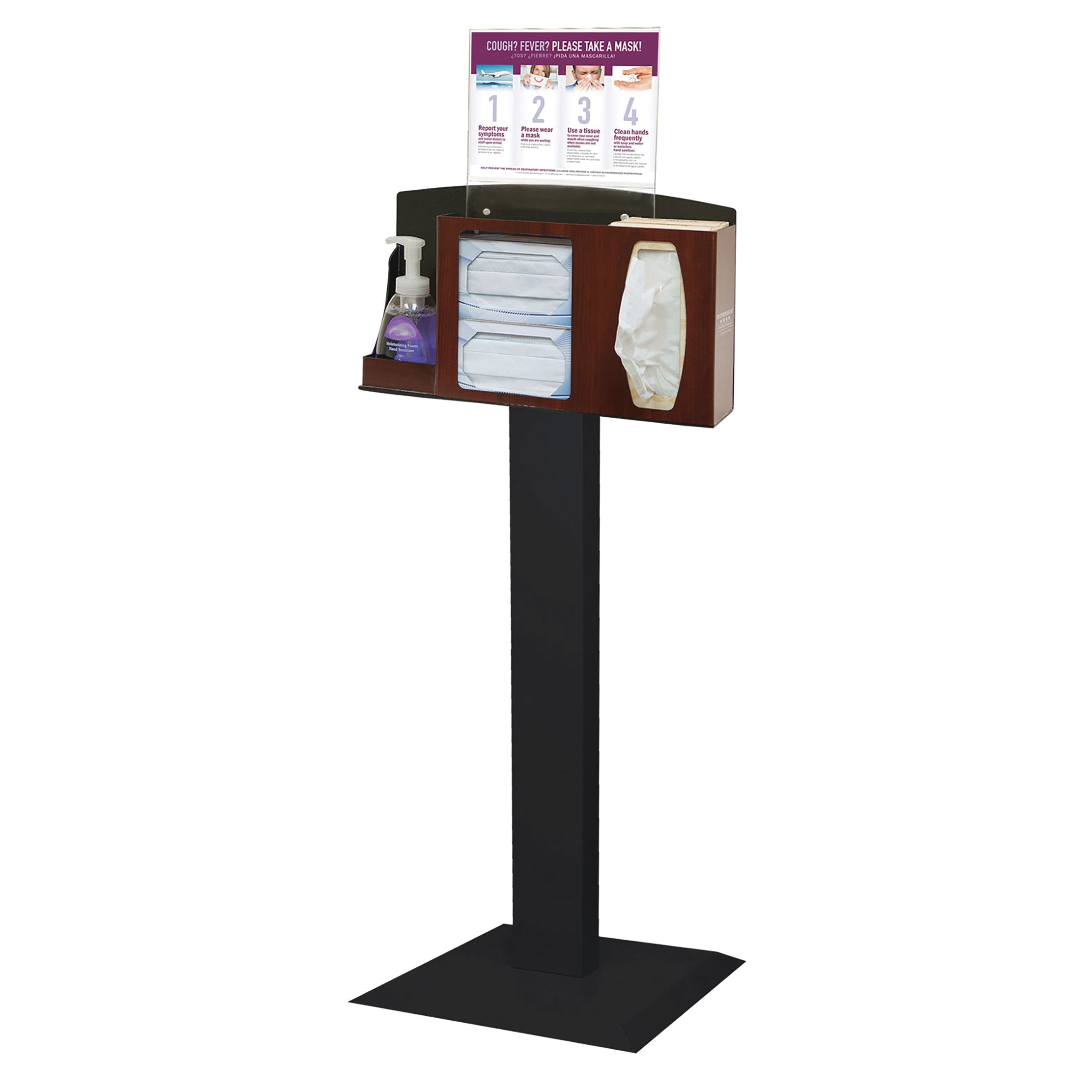 Bowman Basic Free-Standing Hygiene System with sanitizer, masks, and gloves on a stand, featuring step-by-step hygiene instructions.