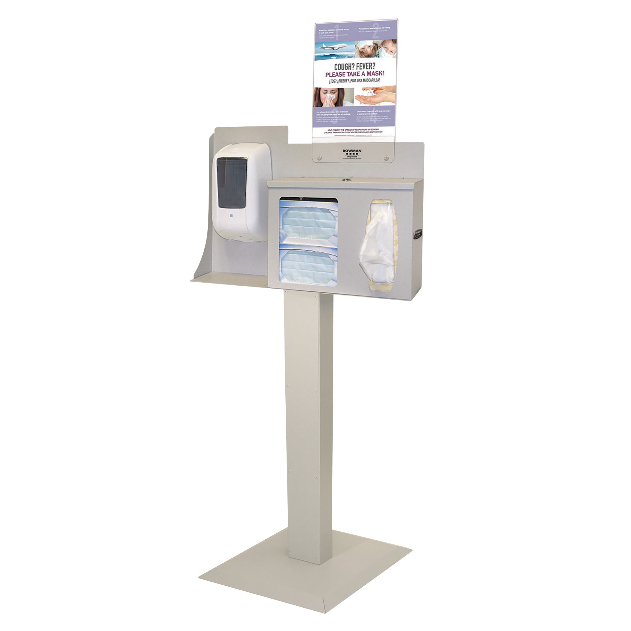 Bowman Locking Touchless Free-Standing Hygiene System with sanitizer, tissues, masks, and an informational sign on a stand.