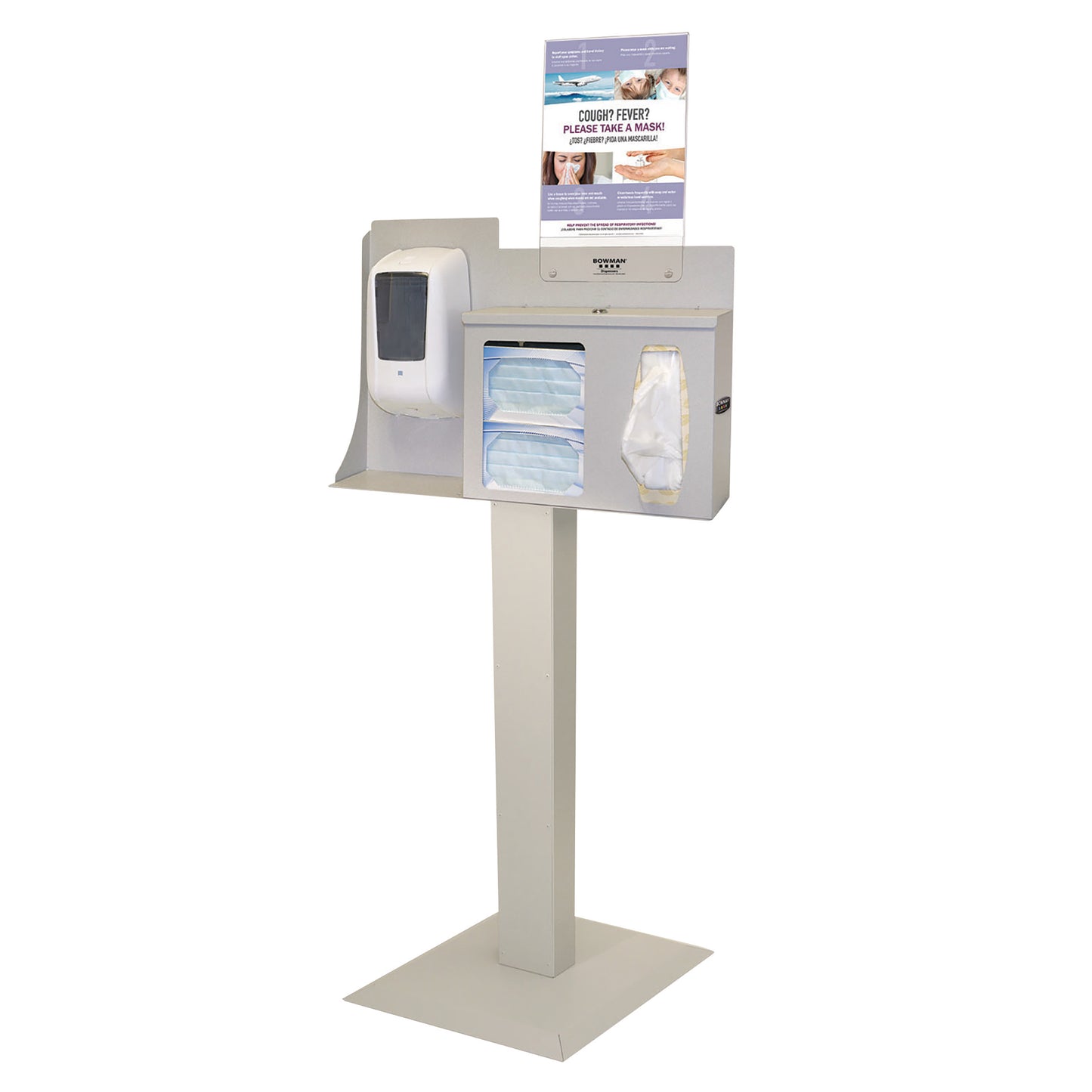 Bowman Locking Touchless Free-Standing Hygiene System with sanitizer, tissues, masks, and an informational sign on a stand.