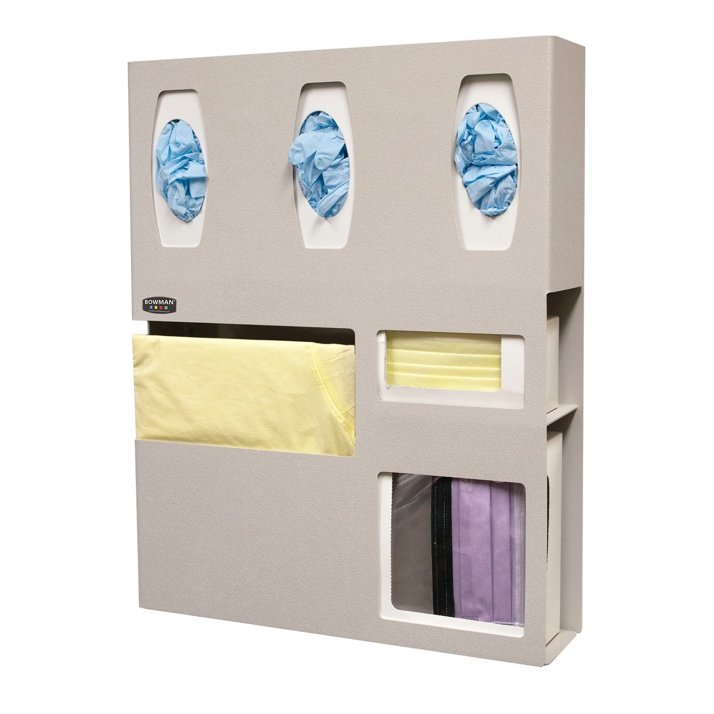 Bowman Tri-Glove Double-Mask ABS Isolation Station holds blue gloves, yellow gowns, and masks with three glove slots and two mask slots.