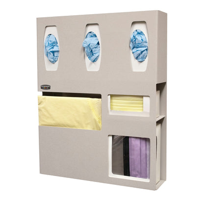Bowman Tri-Glove Double-Mask ABS Isolation Station holds blue gloves, yellow gowns, and masks with three glove slots and two mask slots.