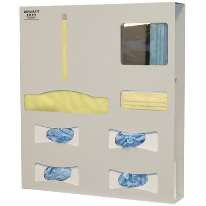Bowman Quad-Glove Single-Gown ADA-Compliant Isolation Station with compartments for gowns, masks, and gloves in a dispenser unit.