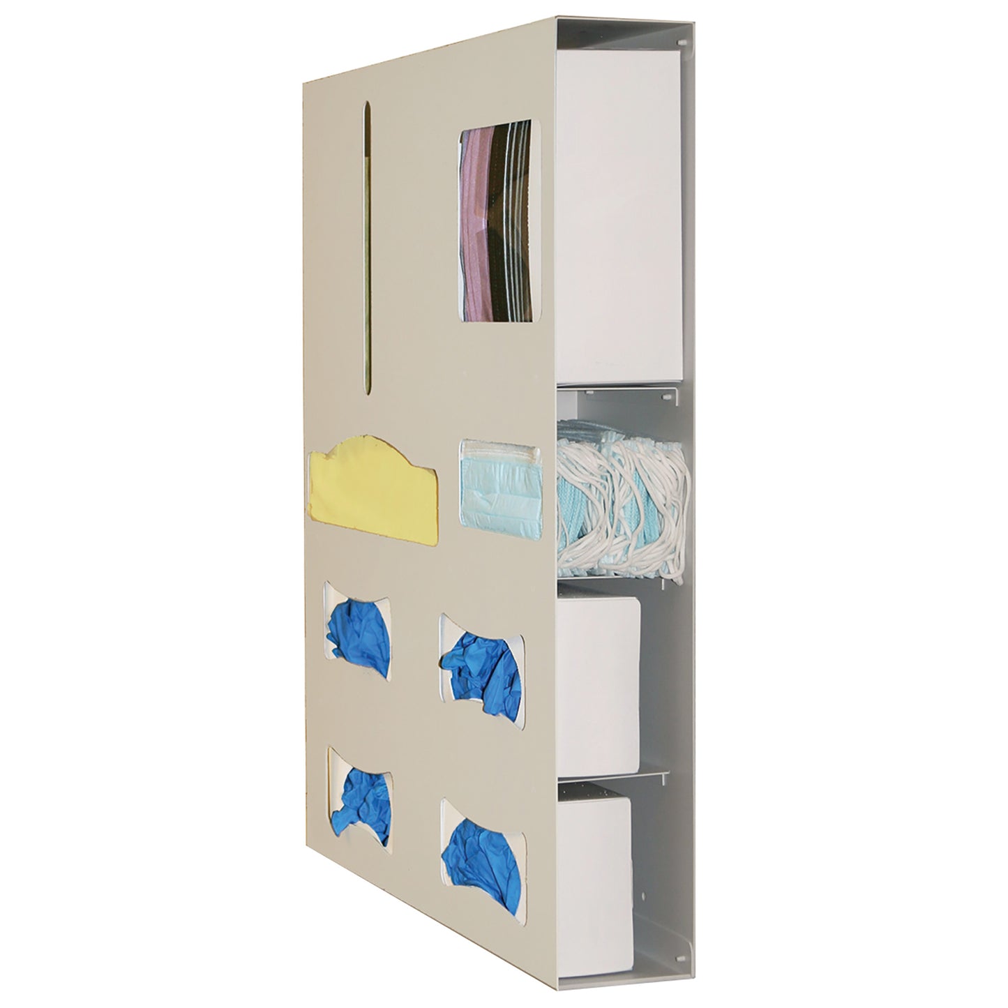 The Bowman Quad-Glove Single-Gown ADA-Compliant Isolation Station holds medical gloves, gowns, masks, and other supplies.