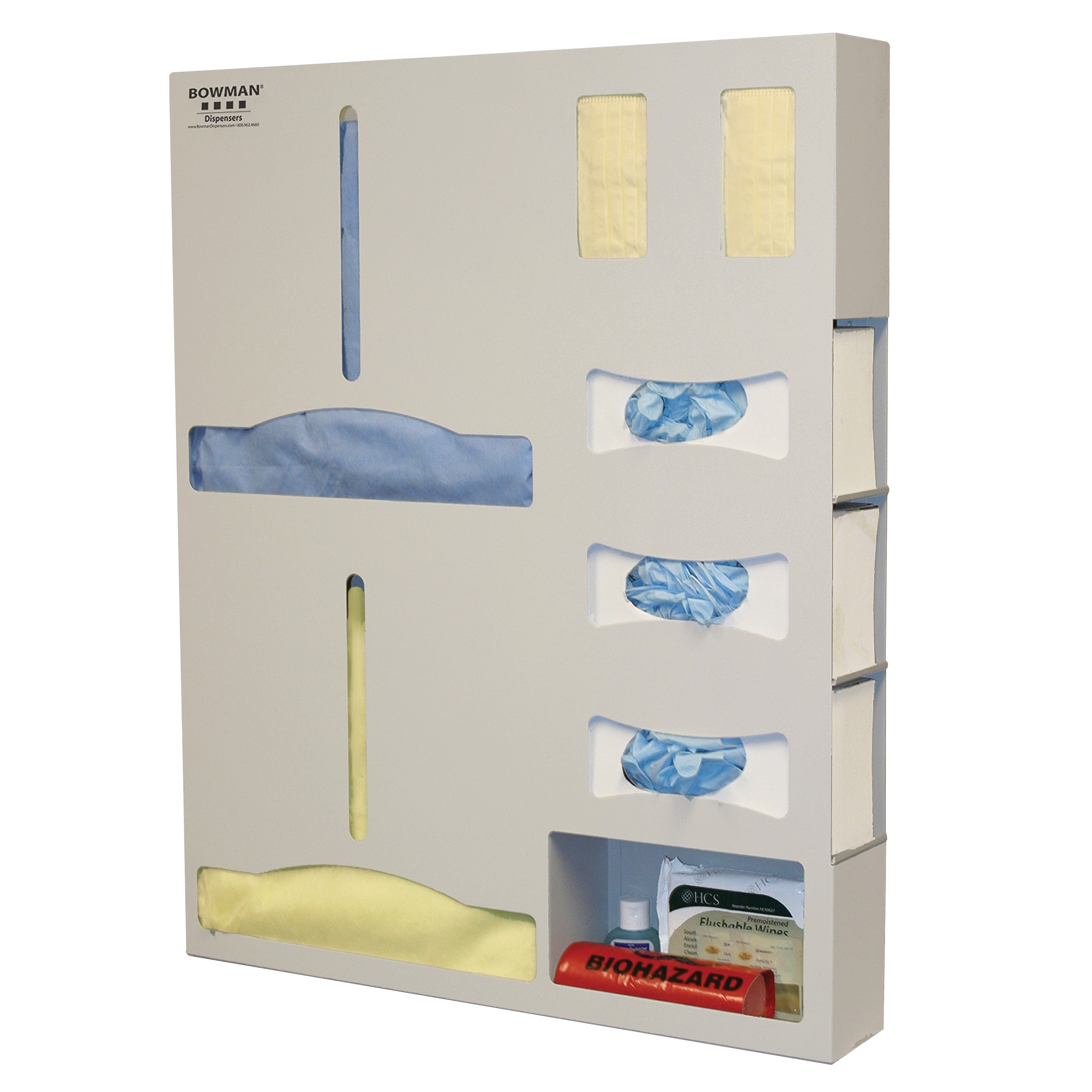 Bowman Tri-Glove Double-Gown ADA-Compliant Isolation Station with slots for gloves, gowns, and biohazard materials in a white dispenser.