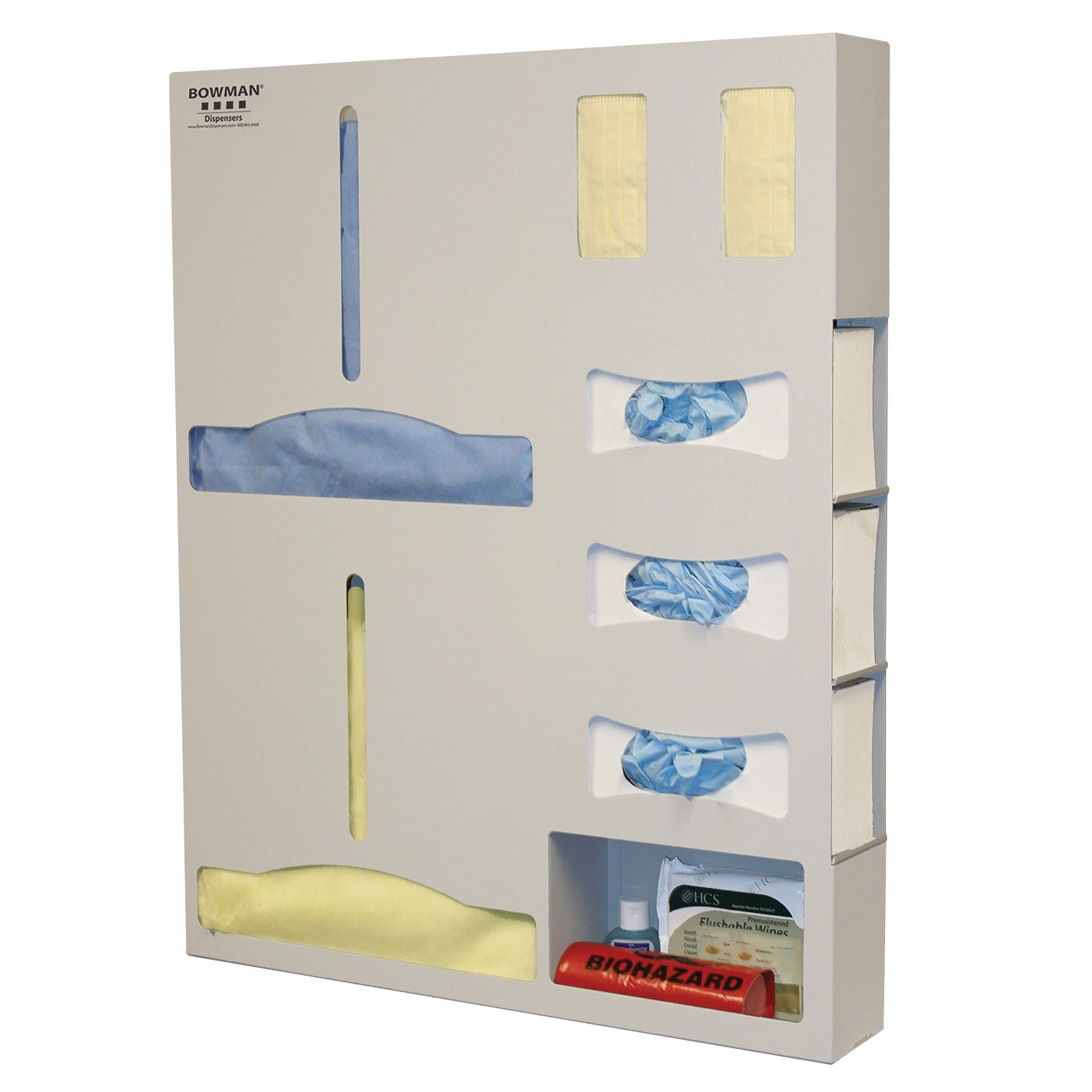 Bowman Tri-Glove Double-Gown ADA-Compliant Isolation Station with slots for gloves, gowns, and biohazard materials in a white dispenser.