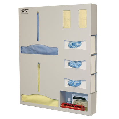 Bowman Tri-Glove Double-Gown ADA-Compliant Isolation Station with slots for gloves, gowns, and biohazard materials in a white dispenser.
