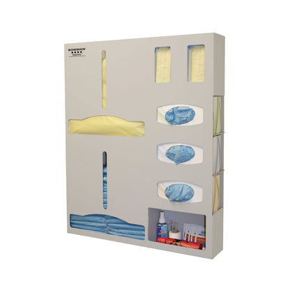 Bowman Tri-Glove Double-Gown ABS Isolation Station, a wall-mounted dispenser organizing gloves, gowns, and sanitizing supplies.