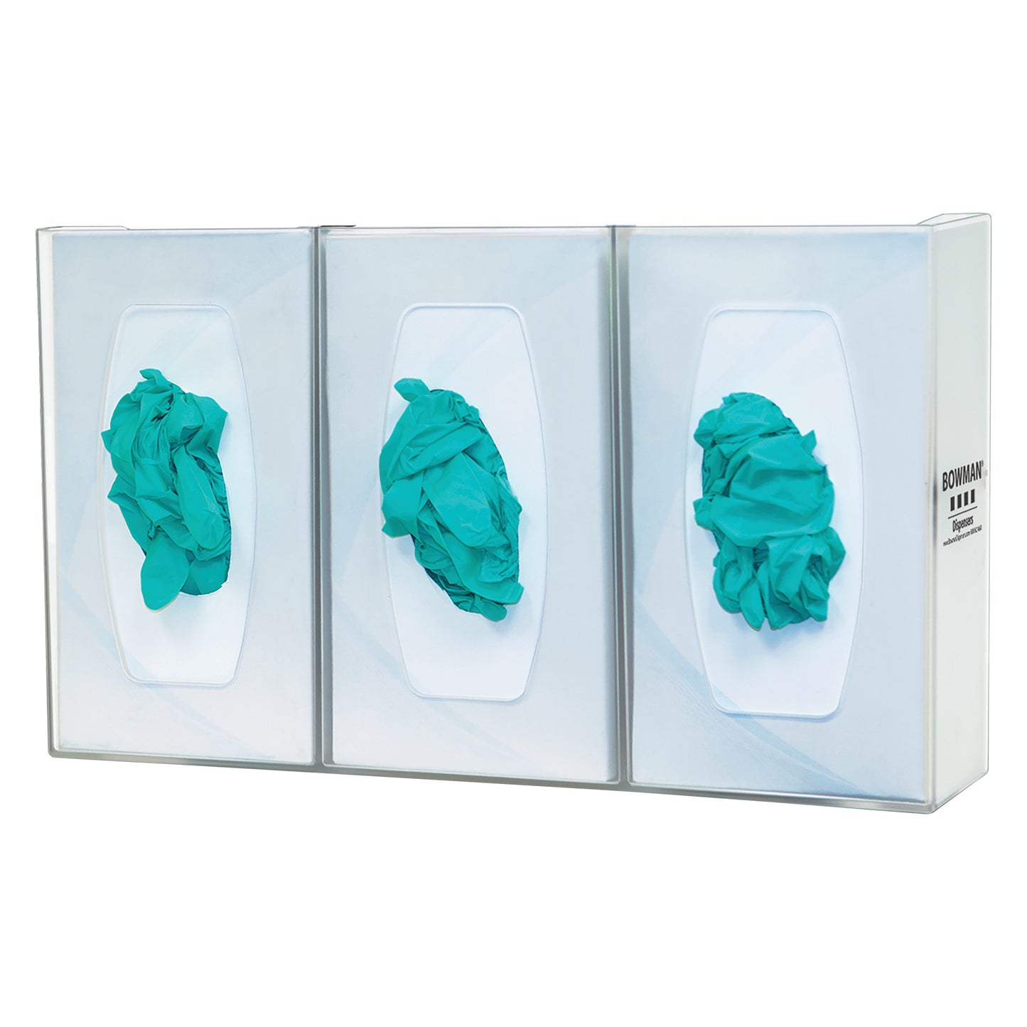 Bowman Triple Glove Box Dispenser with Dividers holds three sections of teal gloves, each accessible through an oval opening.