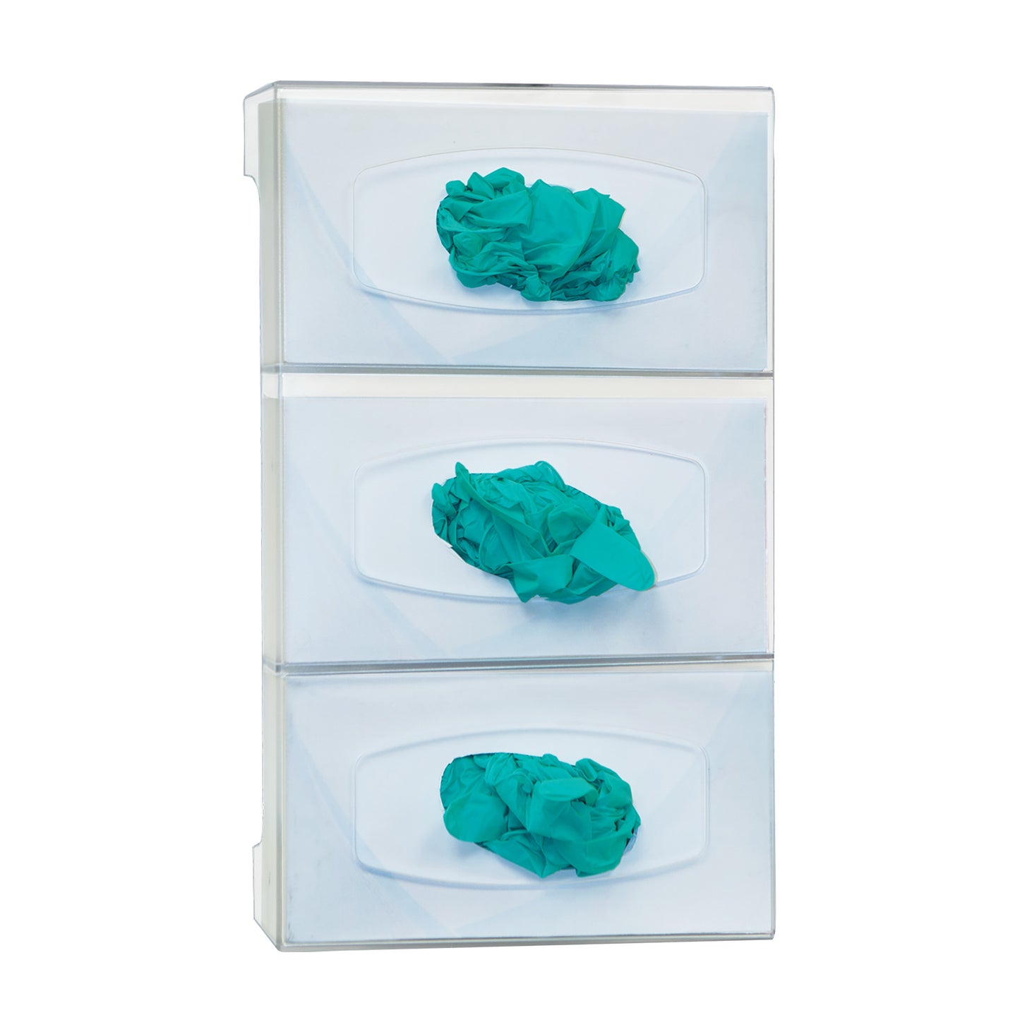 Bowman Triple Glove Box Dispenser with Dividers, holding green disposable gloves, features three compartments stacked vertically.