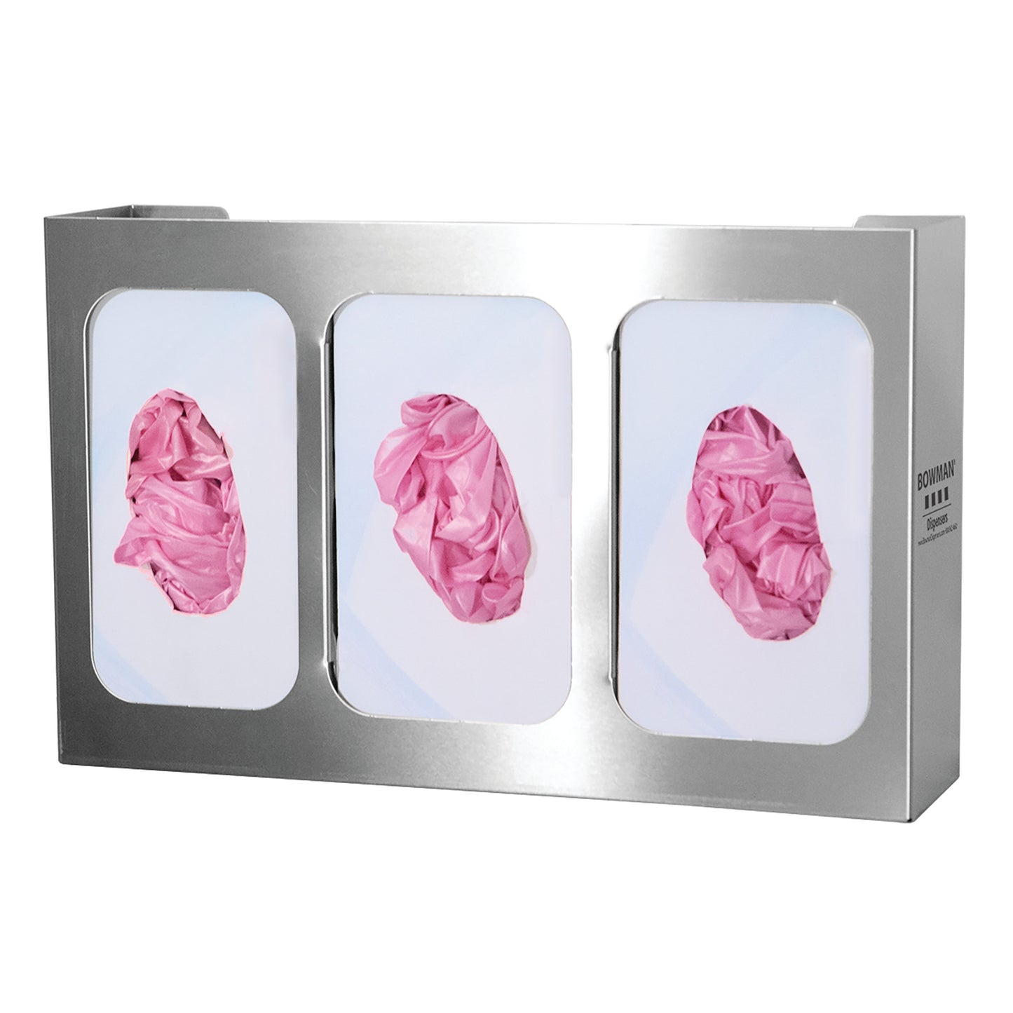 Bowman Triple Glove Box Dispenser with Dividers holds pink gloves in a stainless steel frame with three compartments.