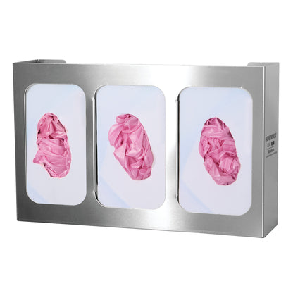 Bowman Triple Glove Box Dispenser with Dividers holds pink gloves in a stainless steel frame with three compartments.