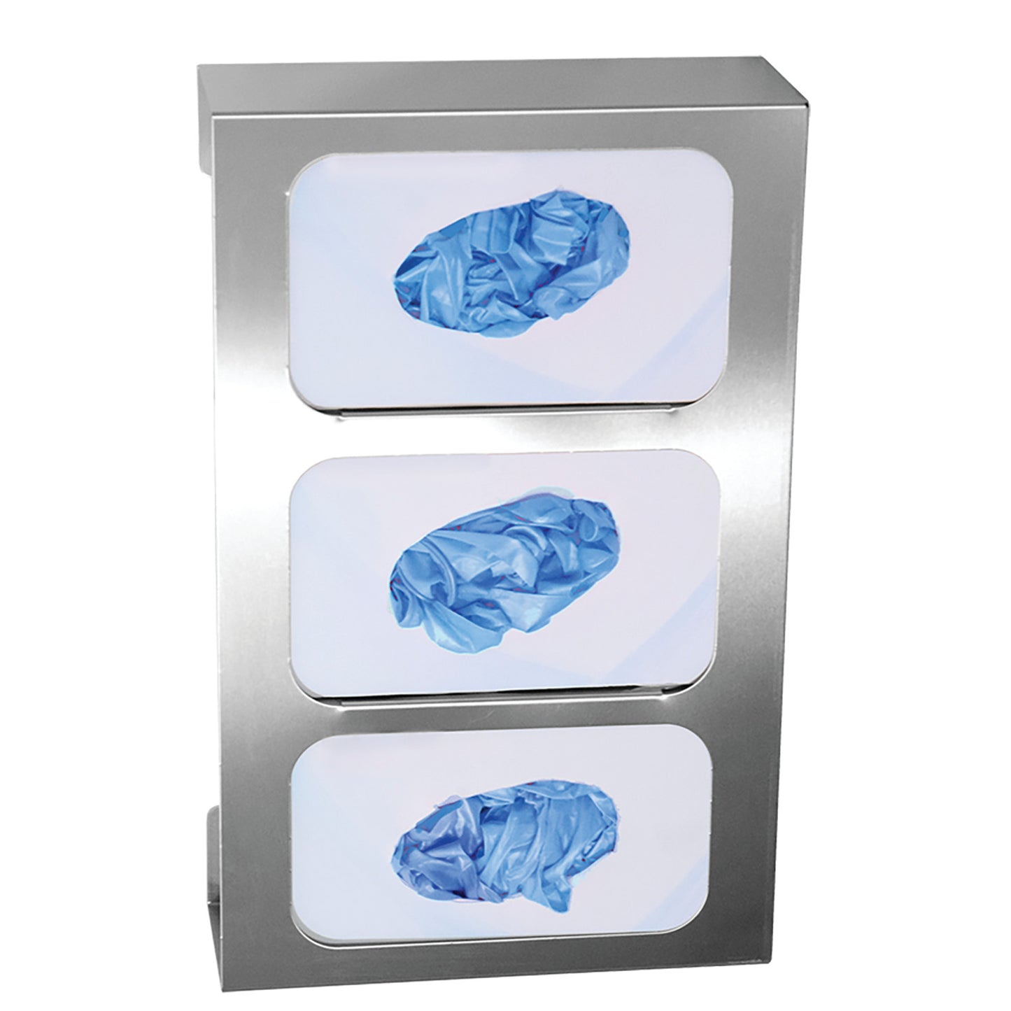 Bowman Triple Glove Box Dispenser with Dividers in stainless steel holds three boxes of gloves, featuring visible blue gloves.