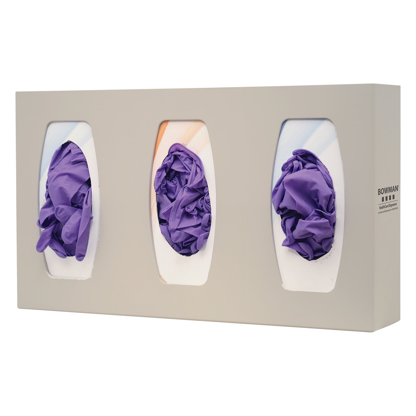 Bowman Triple Glove Box Dispenser with Dividers holding three sections of purple gloves, each visible through an oval opening.