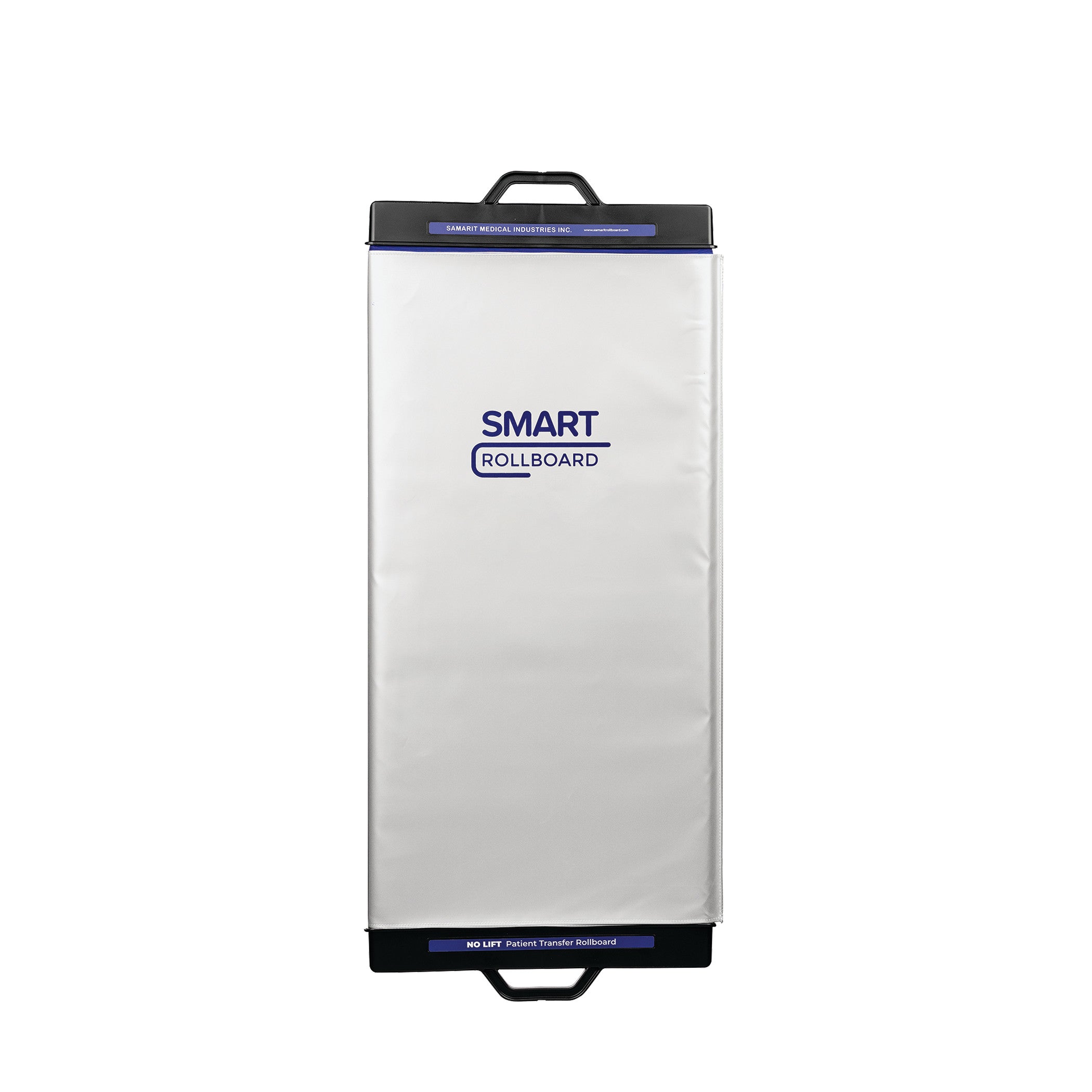 The SAMARIT SMART Rollboard is shown with a white surface, blue text, and black handles at both ends for patient transfer.