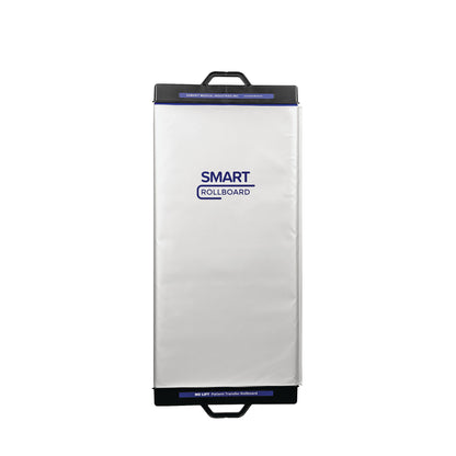 The SAMARIT SMART Rollboard is shown with a white surface, blue text, and black handles at both ends for patient transfer.