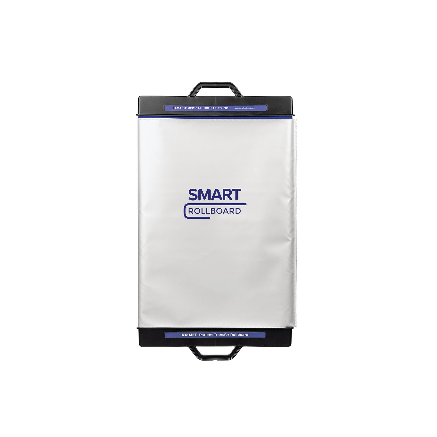 The image features a SAMARIT SMART Rollboard, a white medical device with black handles and text, used for patient transfer.