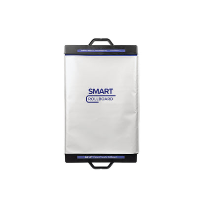 The image features a SAMARIT SMART Rollboard, a white medical device with black handles and text, used for patient transfer.