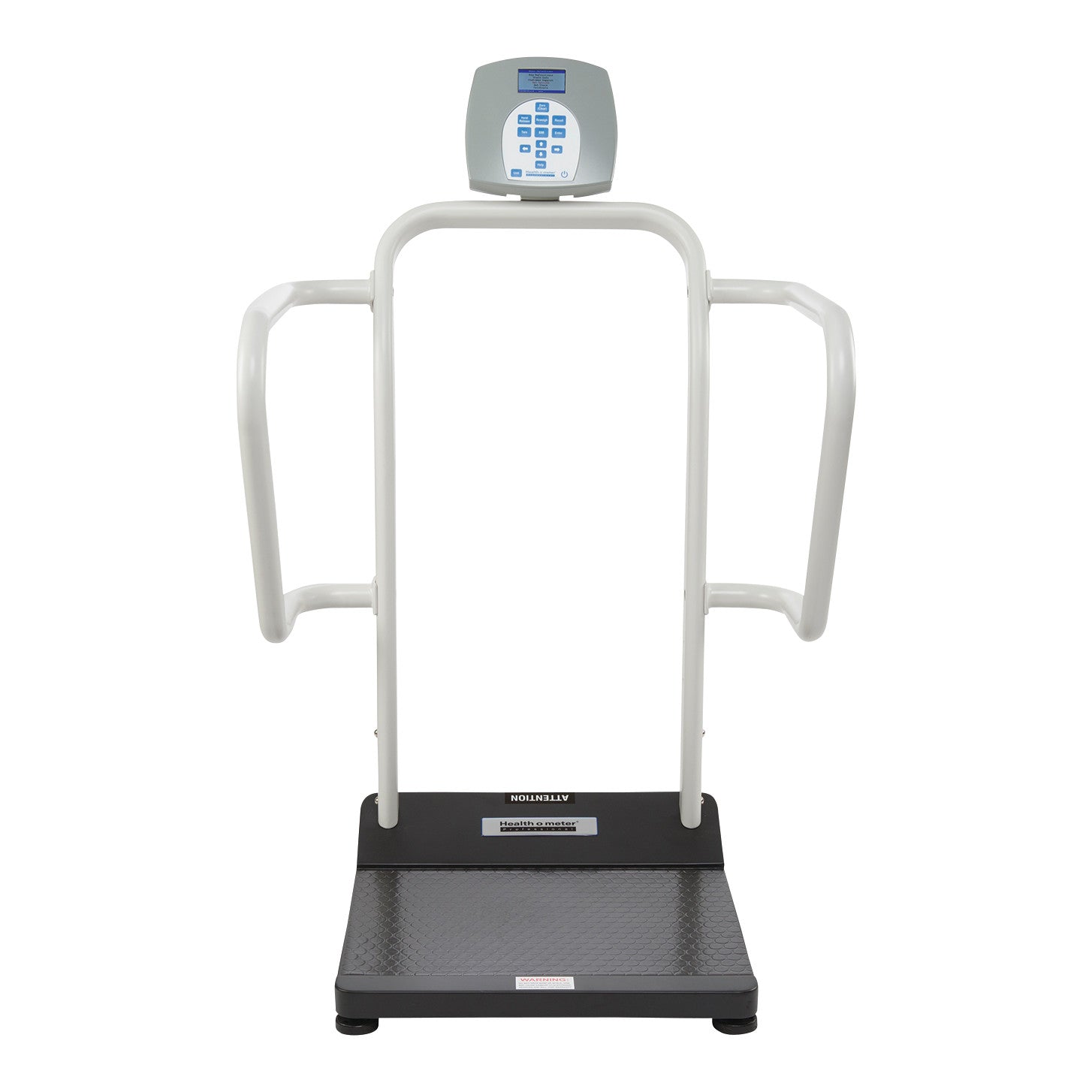 The Health o meter Digital Platform Scale with Everlock features handrails, a digital display, and a sturdy platform for patients.