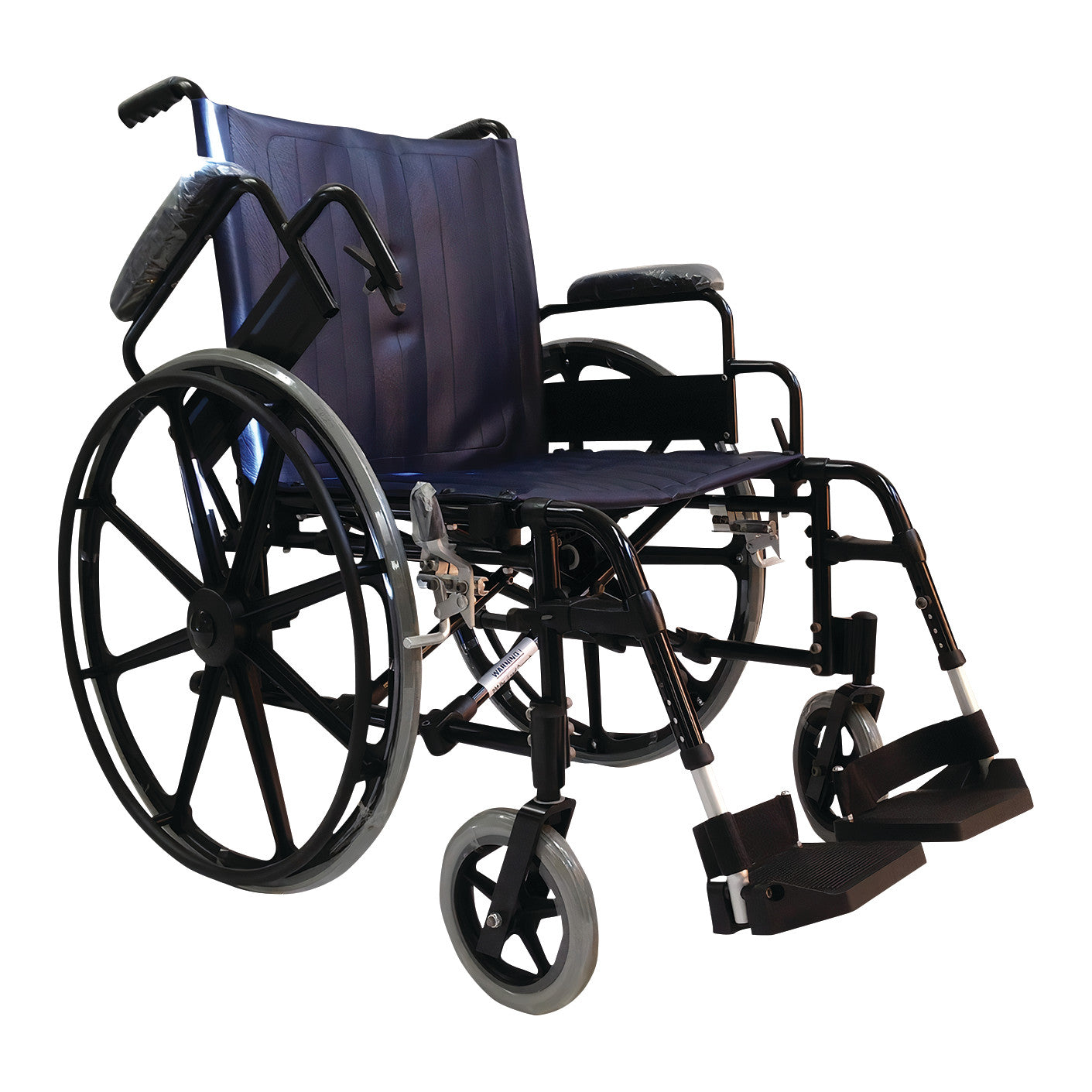 Non-Ferromagnetic Wheelchair with large rear wheels, a dark seat, armrests, and footrests, designed for medical use.