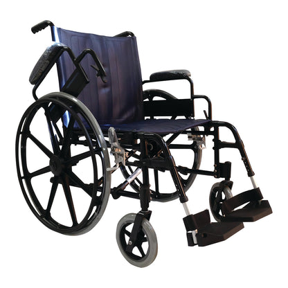 Non-Ferromagnetic Wheelchair with large rear wheels, a dark seat, armrests, and footrests, designed for medical use.