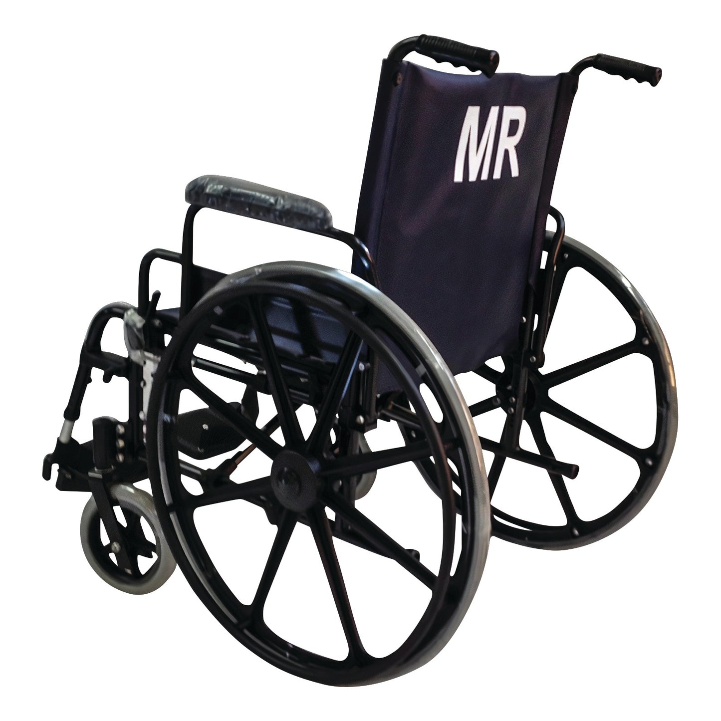 A Non-Ferromagnetic Wheelchair with large black wheels and "MR" printed on the backrest in white.