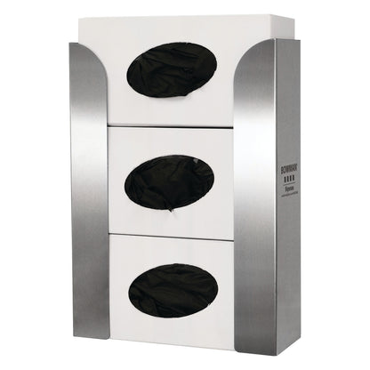 Bowman Top-Loading Triple Glove Box Dispenser with three slots, metal sides, and visible black gloves inside.