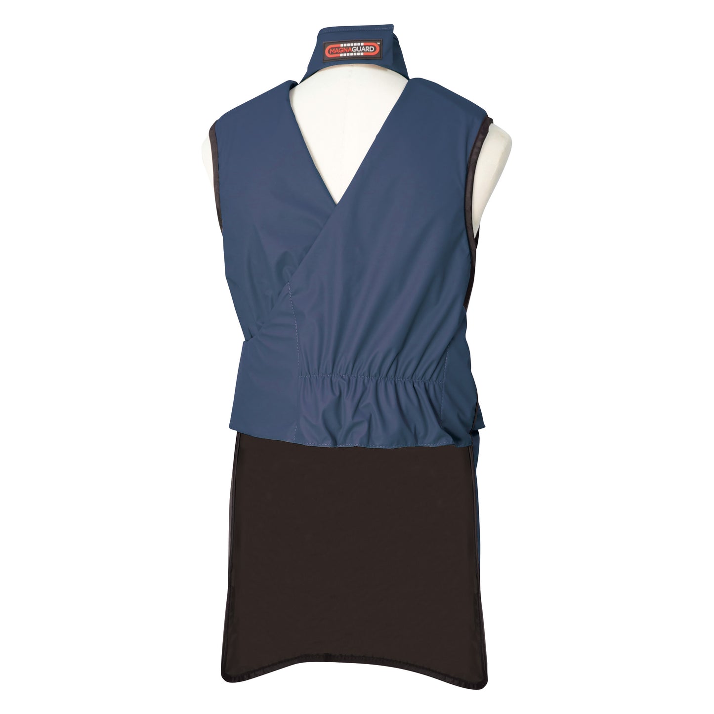 Barrier Technologies MagnaGuard Frontal Lead-Free Apron in blue and black, featuring a sleeveless design and wrap-around front.