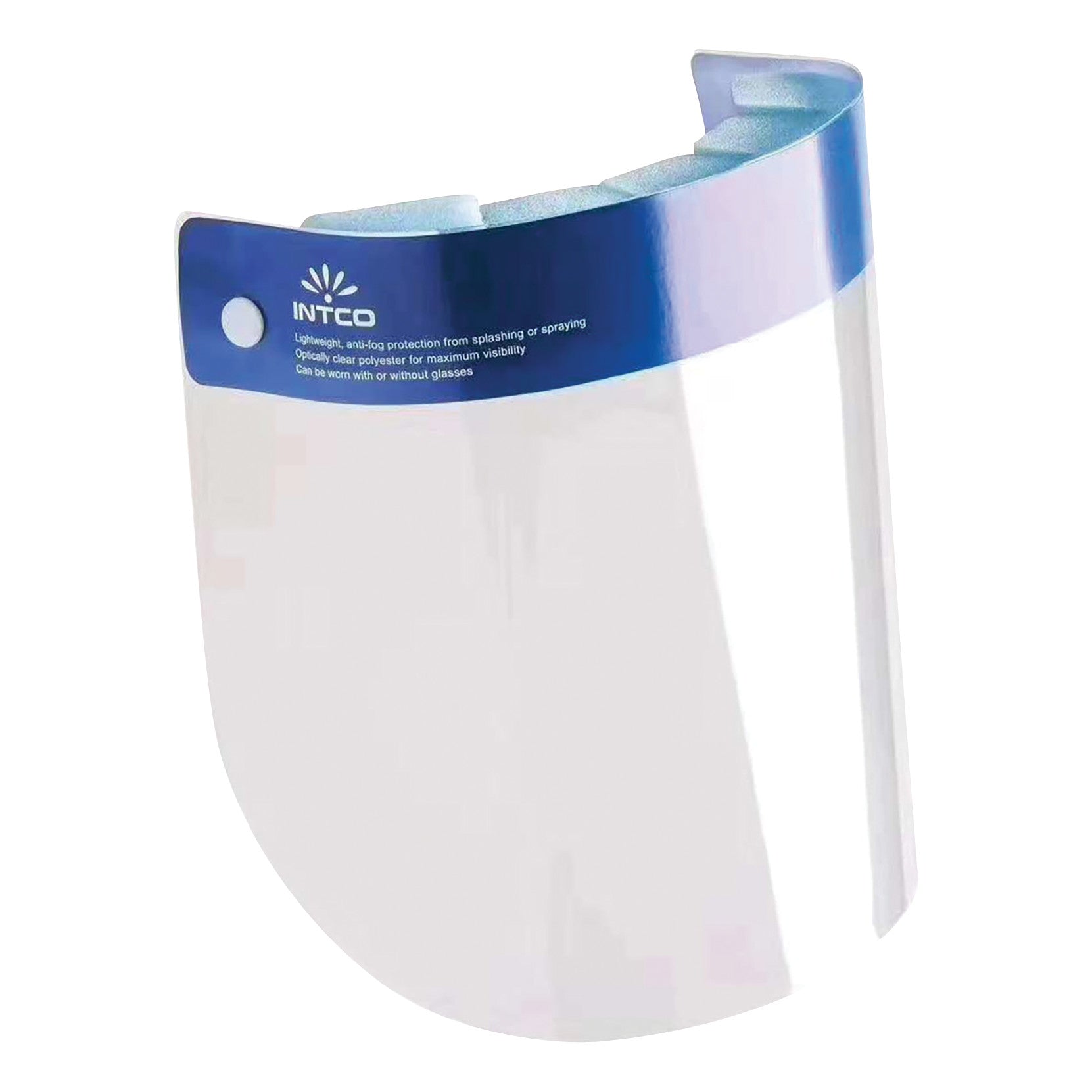 A Lightweight Anti-Fog Face Shield with a clear visor and blue trim, featuring foam padding for comfort and an adjustable fit.