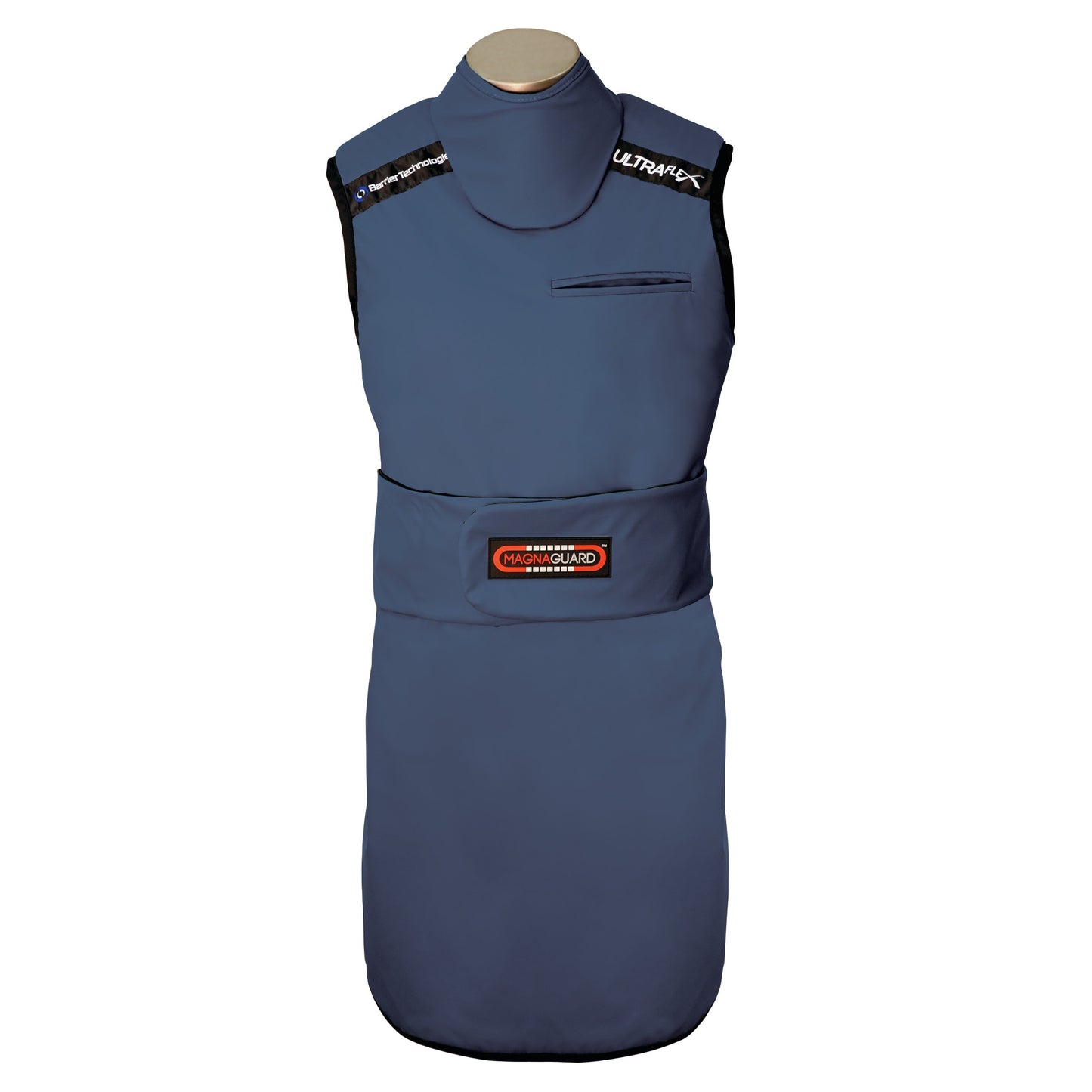 A mannequin wears a Barrier Technologies MagnaGuard Wrap with Support Lead-Free Apron, featuring shoulder coverage and a fitted belt.