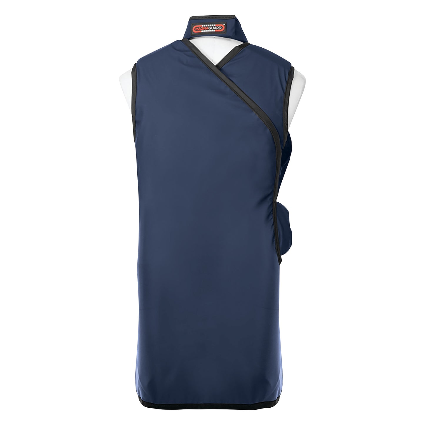 Barrier Technologies MagnaGuard Wrap with Support Lead-Free Apron is displayed on a mannequin, featuring a wrap-around design in navy blue.