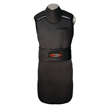 The Barrier Technologies MagnaGuard Wrap with Support Lead-Free Apron is a black protective garment designed for radiation shielding.