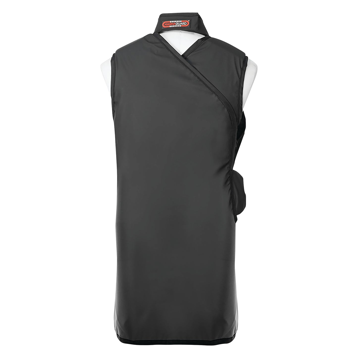 Lead-free apron on mannequin. It's a black Barrier Technologies MagnaGuard Wrap with Support, featuring a hook and loop closure.