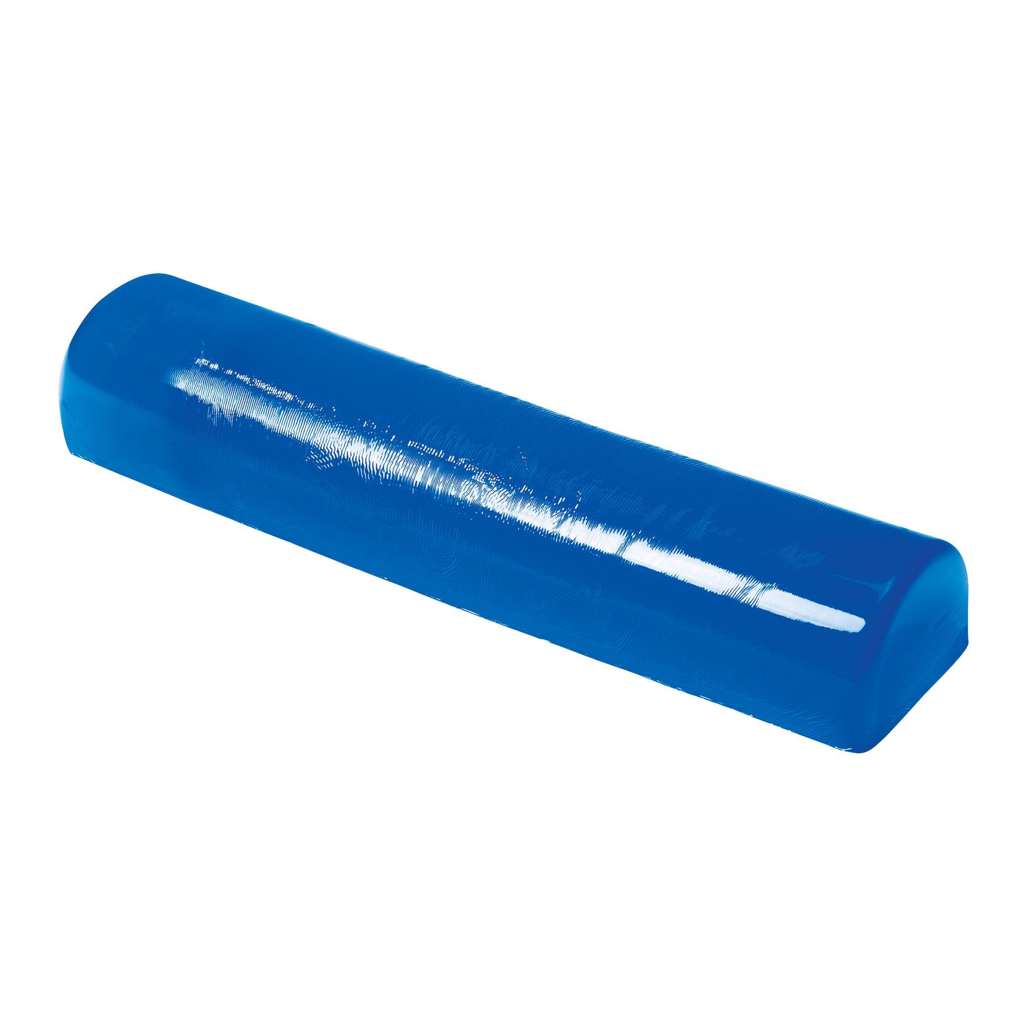 The AliMed AliBlue Gel Chest Roll is a blue, half-cylinder shaped support cushion with a shiny surface, designed for medical use.
