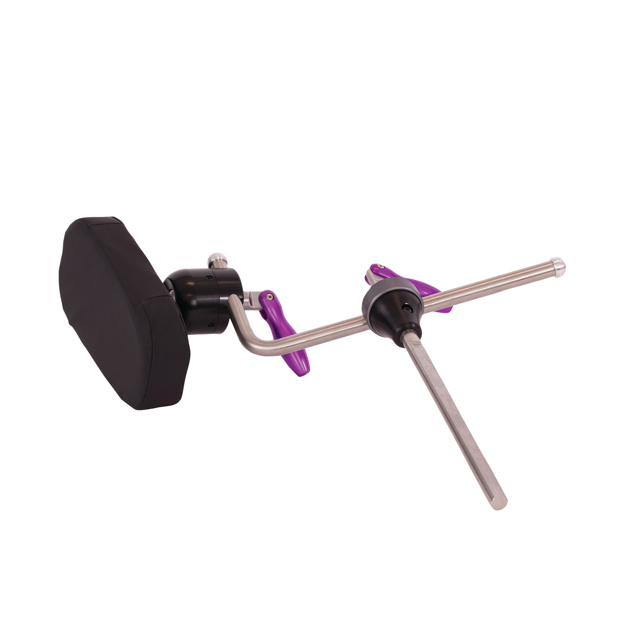 KYRA Lateral Positioner with black cushioned pad and adjustable metal arms, featuring purple levers for surgical support.