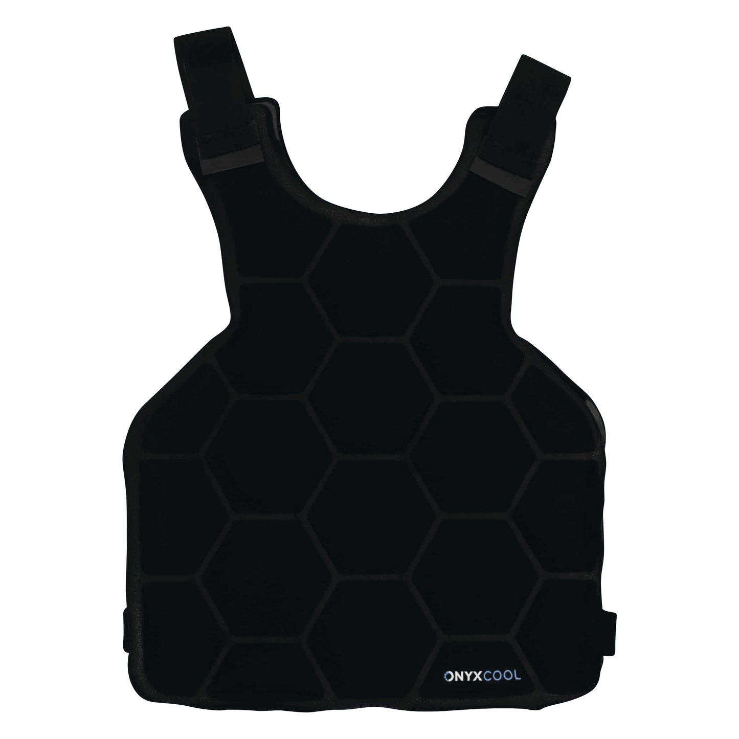 A black Xena Therapies Onyx Cool Safety Pro Vest with hexagonal patterns and adjustable shoulder straps.