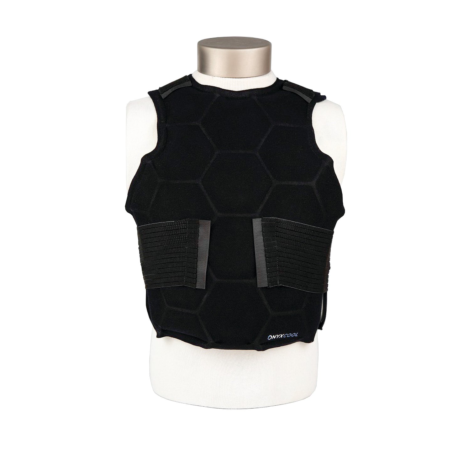 The Xena Therapies Onyx Cool Safety Pro Vest on a mannequin, featuring a black hexagonal pattern with adjustable side straps.