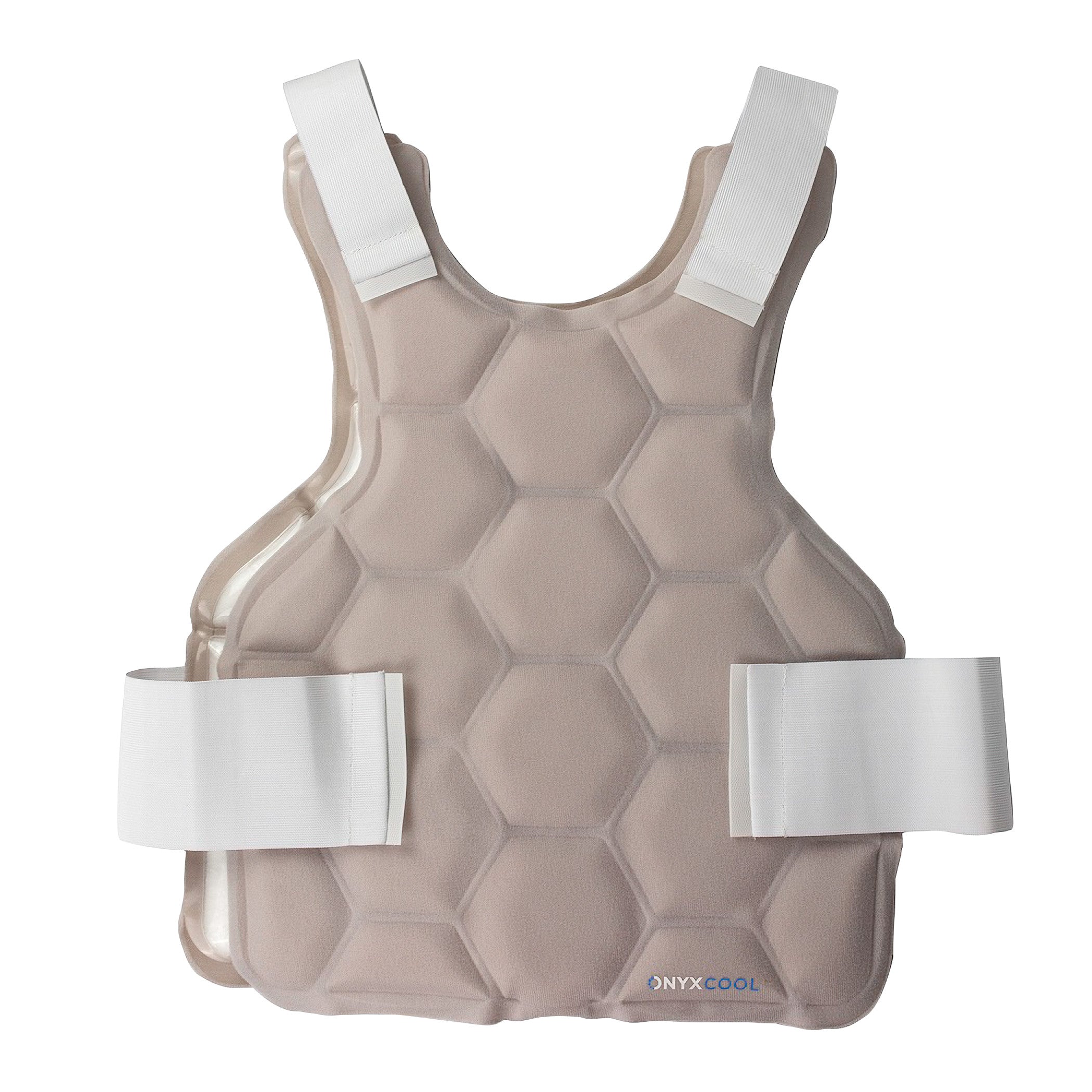 The Xena Therapies Onyx Cool Safety Pro Vest features hexagonal padding and white straps for secure fastening.