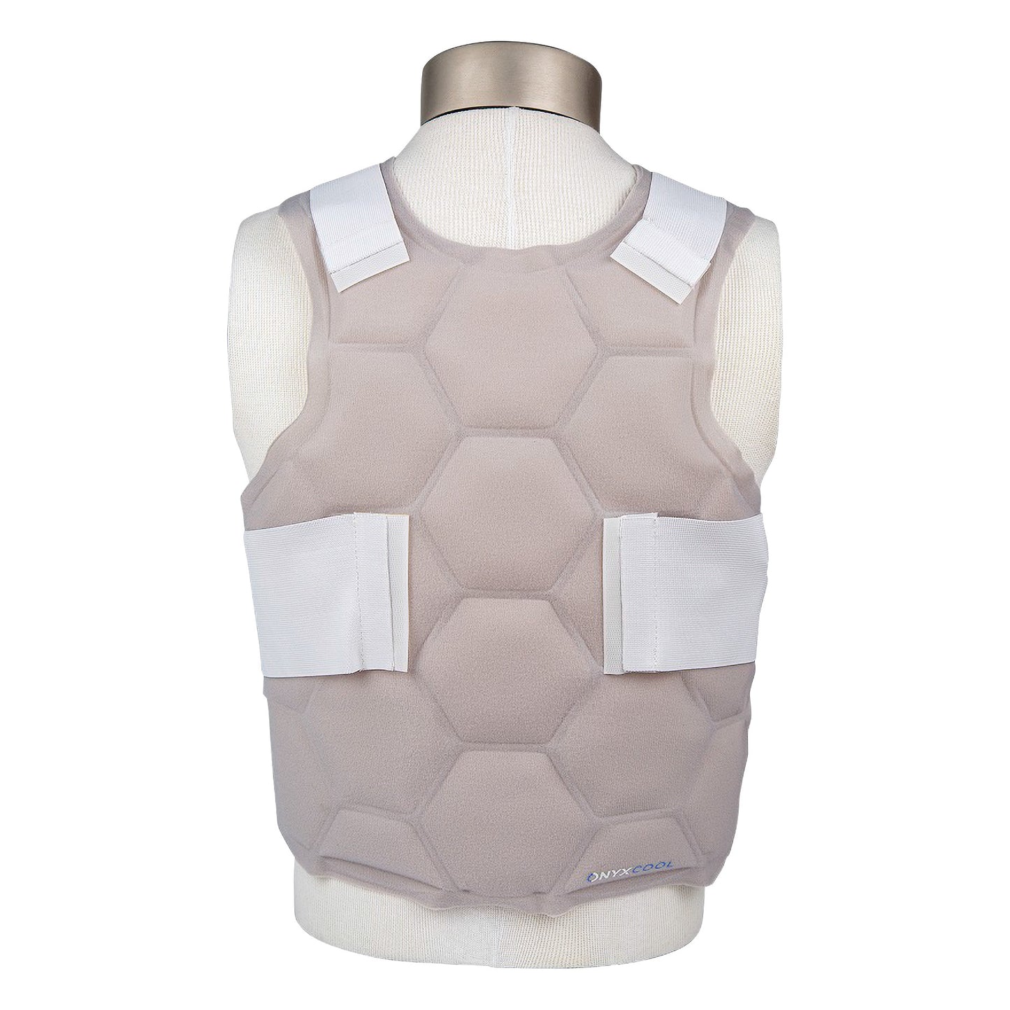 The Xena Therapies Onyx Cool Safety Pro Vest is shown on a mannequin, featuring a hexagonal pattern and adjustable white straps.
