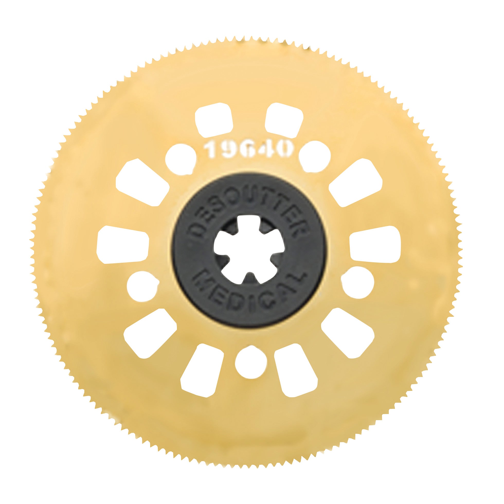 Round Cast Saw Blade for DeSoutter CleanCast CC7 and CC8 Cast Saw with multiple cutouts and a serrated edge, marked with "19640."